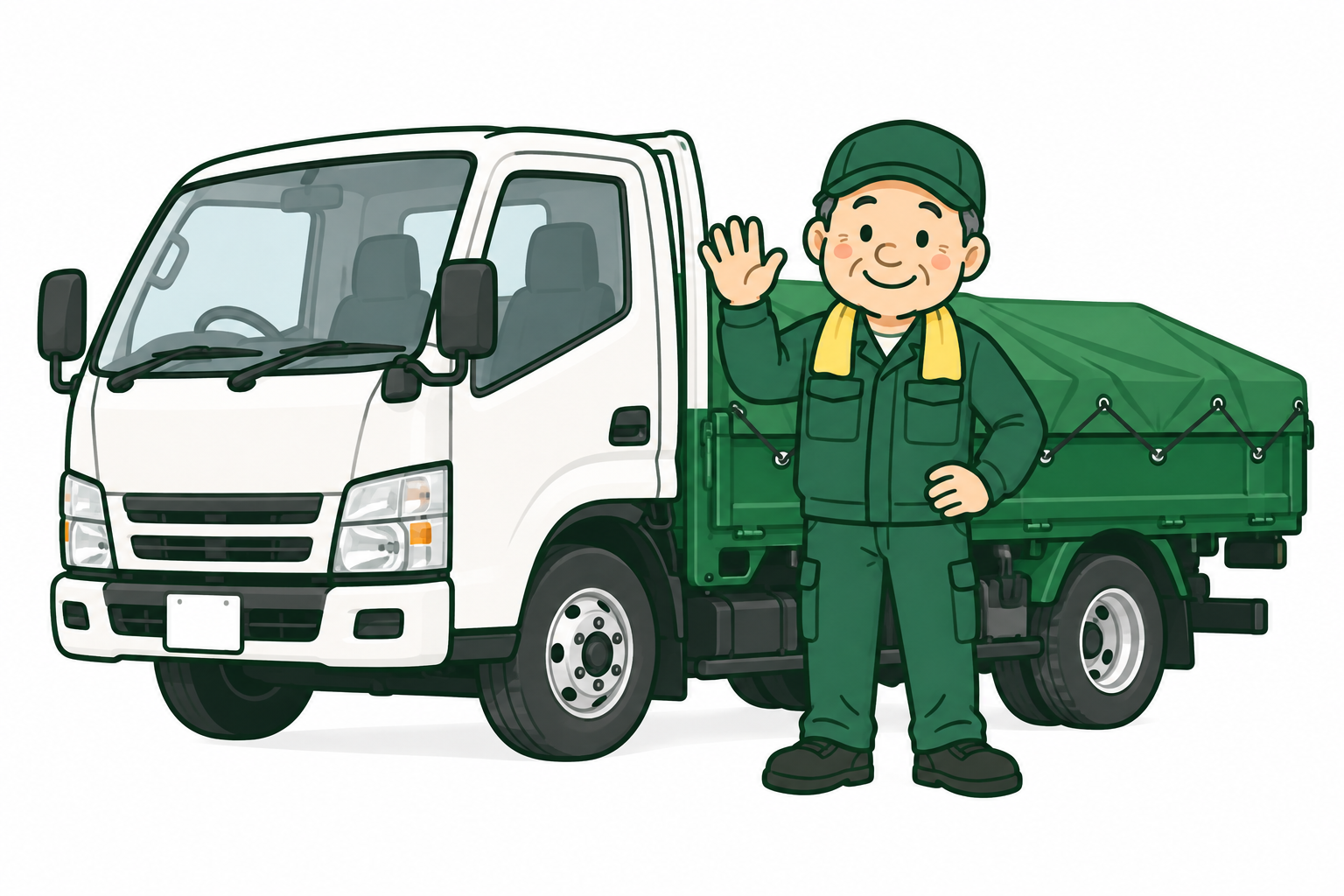 きどさんと2トントラック。回収した廃棄物を処分場へ運ぶイメージ